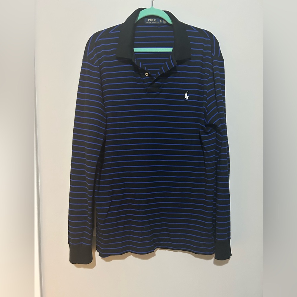 Polo Ralph Lauren Long Sleeve Striped Polo Shirt‎ Black Blue Menswear XL